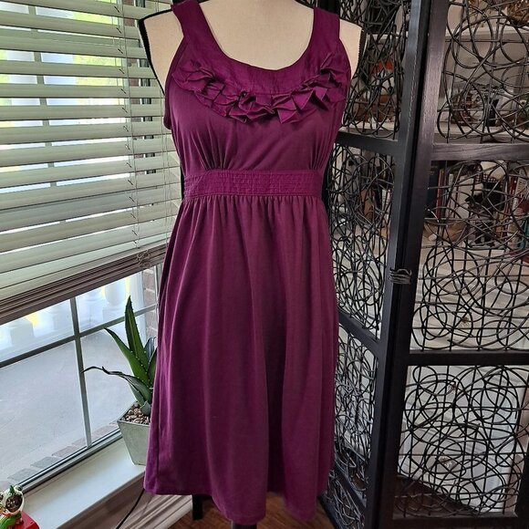 Ann Taylor Loft Size 6 Purple Sleeveless Ruffle Neck Tie Waist Dress EUC - Picture 1 of 13